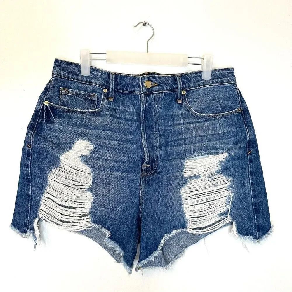 Good American Bombshell Frayed Distressed Cotton Denim Shorts Blue Size 12/31